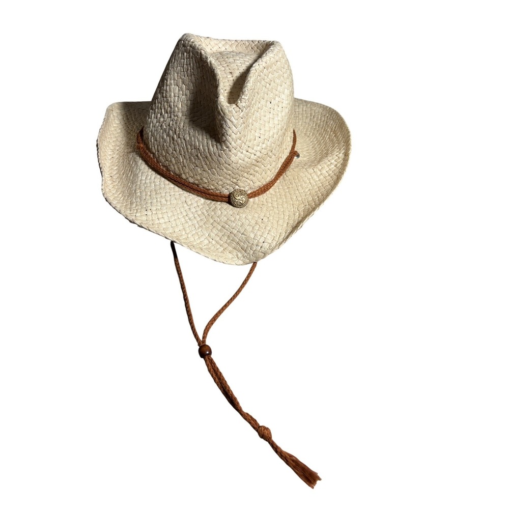 Natural Straw Cowboy Hat Western Boho Wide Brim Chin Strap Beige Pinched Crown